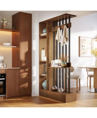 71" Wall Room Divider with Shelves & Coat Hooks, Wood Freestanding Room Divider Bookcase for Home & Office Decorative.