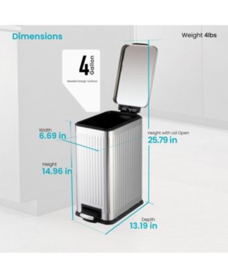 4 Gallon Slim Stainless Steel Kitchen Trash Can with Reeded Pattern, Step Pedal and Soft Close Lid