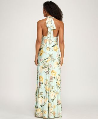 Juniors' Floral Halter-Neck Maxi Dress