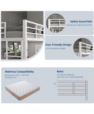 Twin Metal Loft Bed with Large Desk Storage Shelves Ladder Safety Guardrail Steel Slats Space-Saving