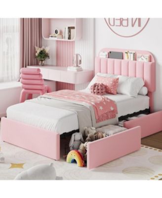 Twin-XL Boucle Upholstered Platform Bed- 2 Storage Drawers- Bookcase Headboard- Noise-Free- Easy Assembly- No Box Spring- Children Bed