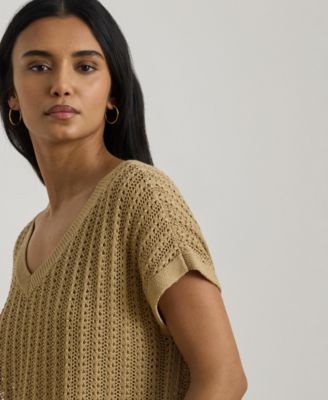 Women's Short-Sleeve V-Neck Ribbed Sweater