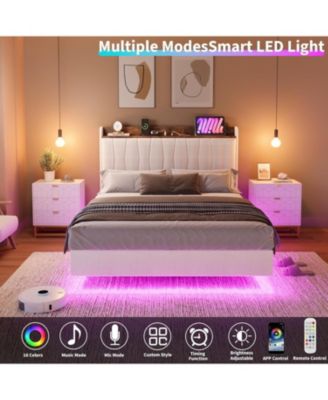 Full Floating Bed Frame with LED Lights and USB Charging- Modern Upholstered Platform with Headboard- No Box Spring- Easy Assembly