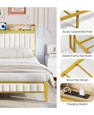 King Size Bed Frame with LED Lights and Charge Station, Upholstered Platform Bed with Storage Headboard, Heavy Duty Metal Slats, Easy Assembly