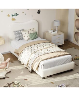 Twin Platform Bed Metal Frame Wooden Slats Sherpa Fabric Upholstered Headboard No Box Spring Noise Free