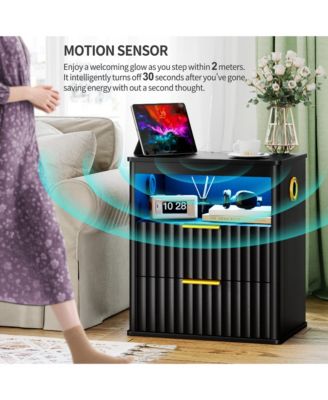 Vlrska 19.7-inch Wide Nightstand with Motion Sensor Function, LED Lights, and Wireless Charging Station