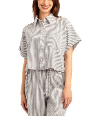 Women's Pucker Stripe Button-Front Top