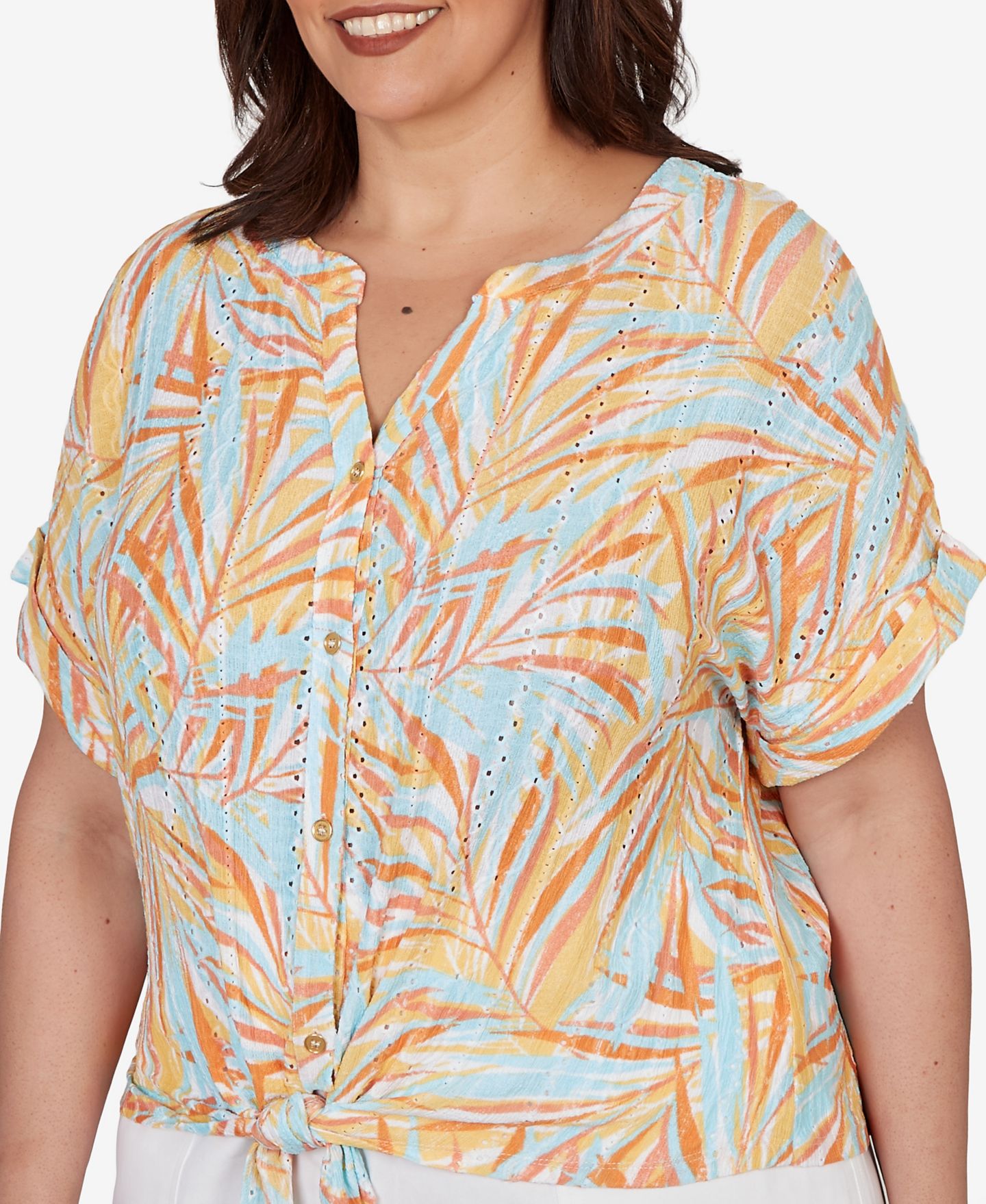Женский топ HEARTS OF PALM Plus Size Printed Eyelet Gauze V-neck with Tie-Front, цвет: Разноцветный — фото 4