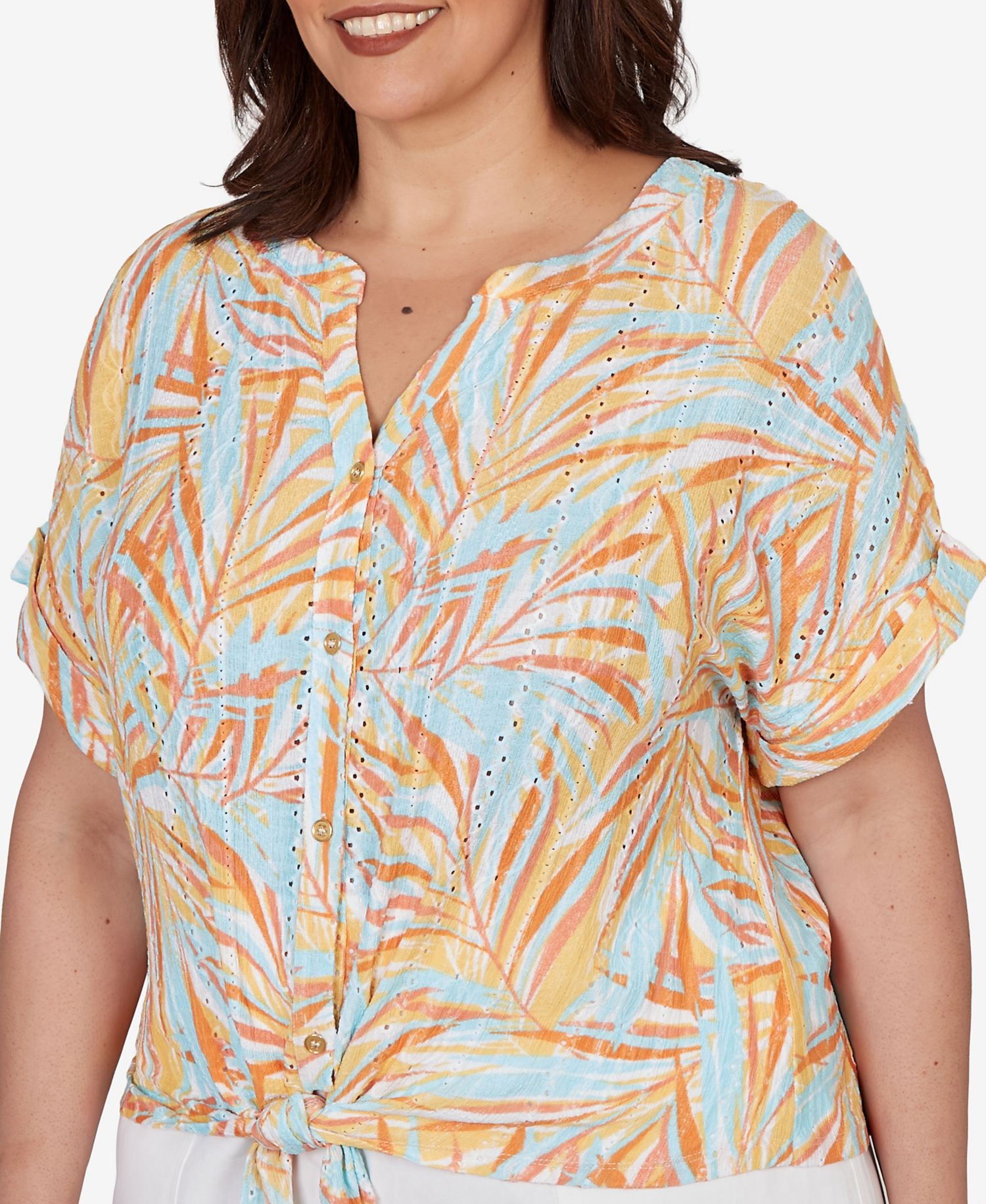 Plus Size Printed Eyelet Gauze V-neck Top with Tie-Front