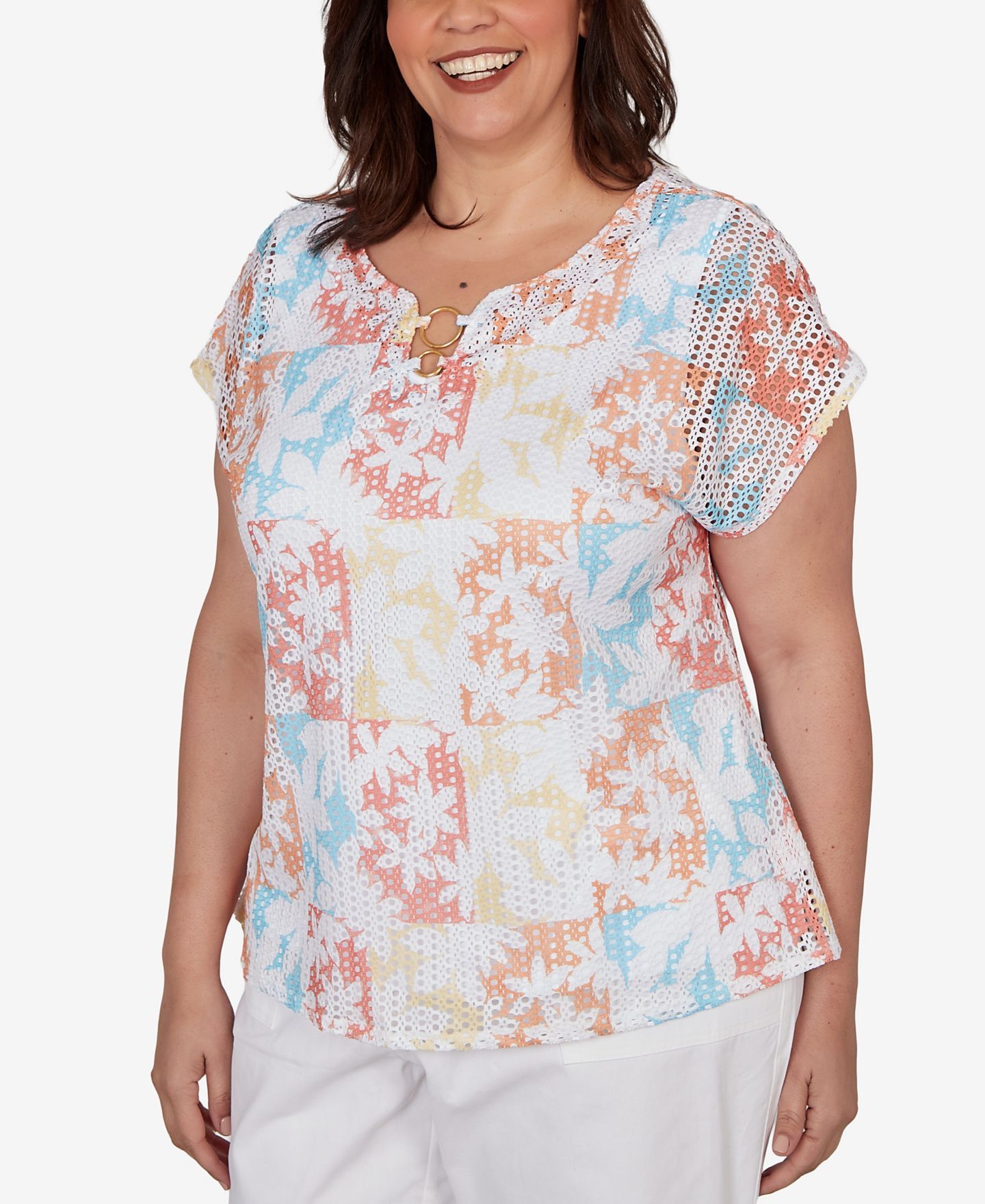 Женский топ HEARTS OF PALM Plus Size Printed Textured Knit T-Sleeve, цвет: Разноцветный — фото 2