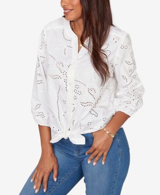 Plus Size Eyelet Puff Print Tie-Front Top