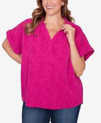 Plus Size Paisley Embossed Gauze Camp Shirt