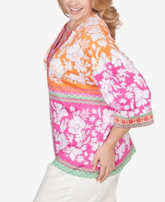 Plus Size Embroidered Placket Patchwork Knit Top