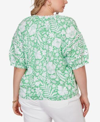 Plus Size Tropical Floral Trim Knit Top