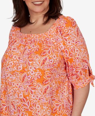 Plus Size Paisley Print Tie-Sleeve Knit Top