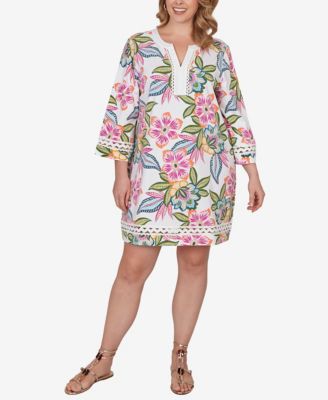 Plus Size Bold Tropical Solid Trim Shift Dress