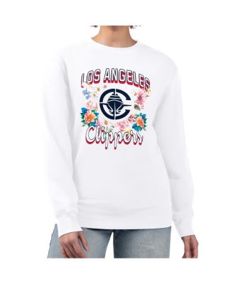 Women's White LA Clippers Flowers Team Logo Graphic Fleece Crewneck Pullover Sweatshirt