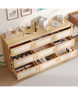 9-Drawer Rattan Bedroom Dresser, Modern Chest with Deep Drawers