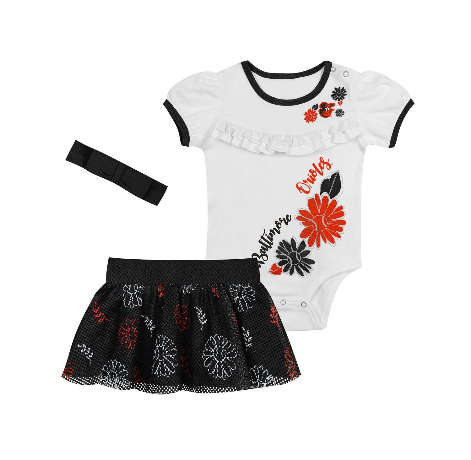 Newborn 3-Piece White/Black Baltimore Orioles Sweet Catcher Bodysuit, Headband and Skirt Set
