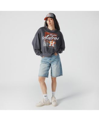 Women's Navy Houston Astros Boxy Mineral Wash Dolmen Sleeve Cropped Sweatshirt