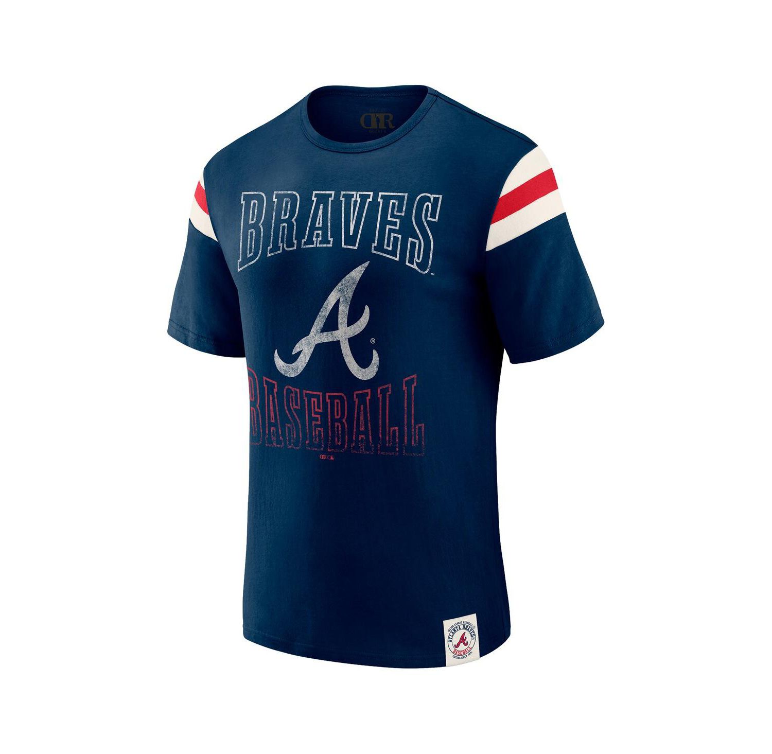 Darius Rucker Collection By Men's Navy Atlanta Braves Distressed Sleeve Stripe T-Shirt