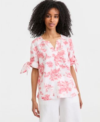 Women's 100% Linen Split-Neck Tie-Cuff Top