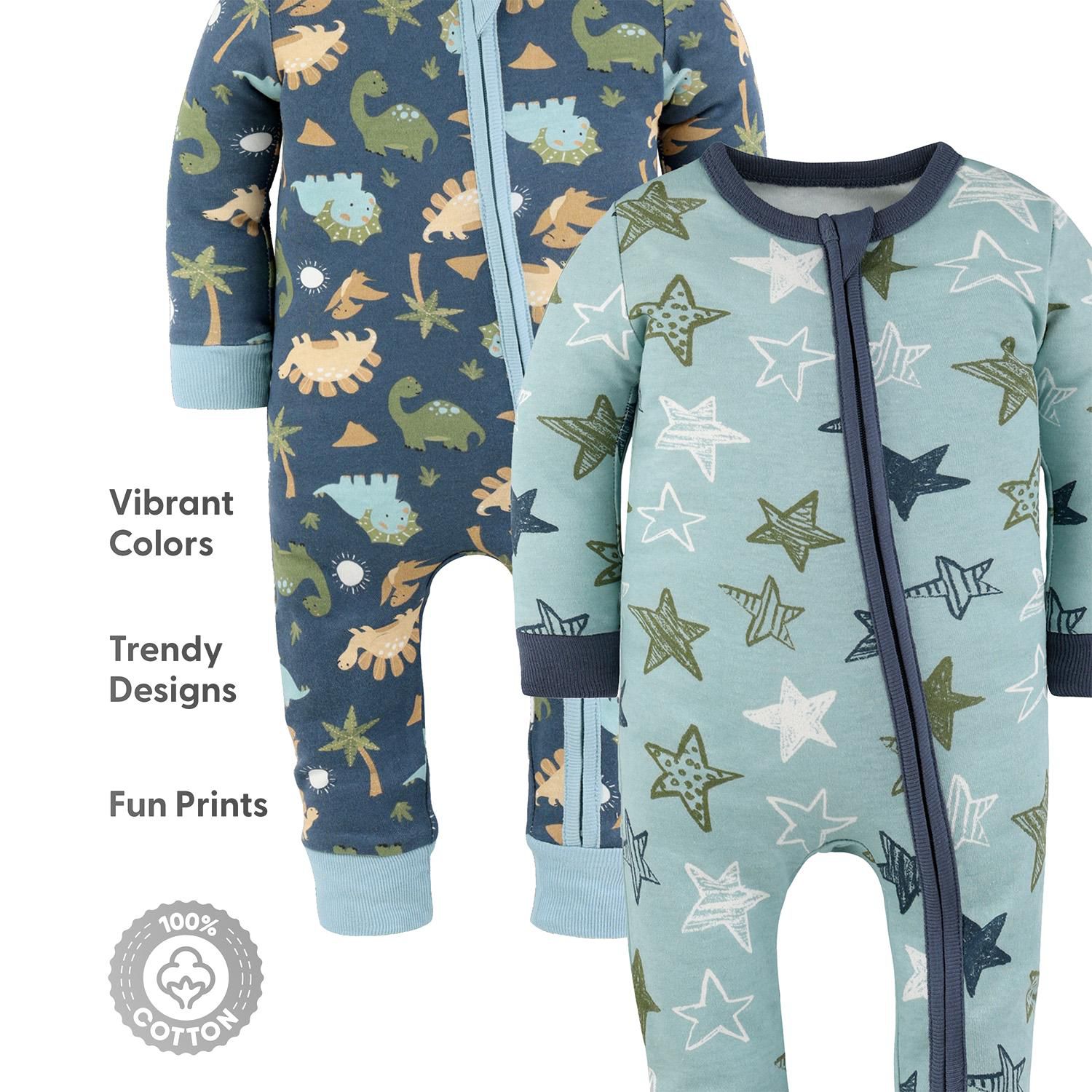 Toddler Boys Dino Star Cotton Footless Pajamas for Boys, 2 Pack
