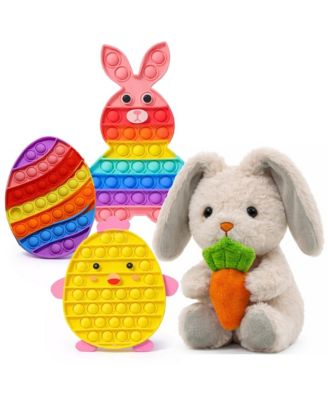 Easter Plush Bunny & Pop It Toys Bundle, Soft Baby Bunny Holding Carrot and 3-Pack Rainbow Bunny, Chicken & Egg Pop Fidget Toys