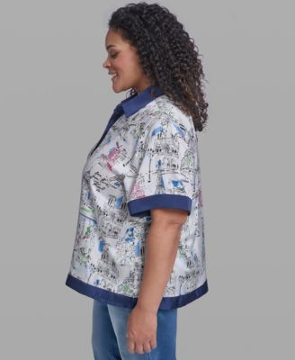 Plus Size Printed Collared Camp Shirt