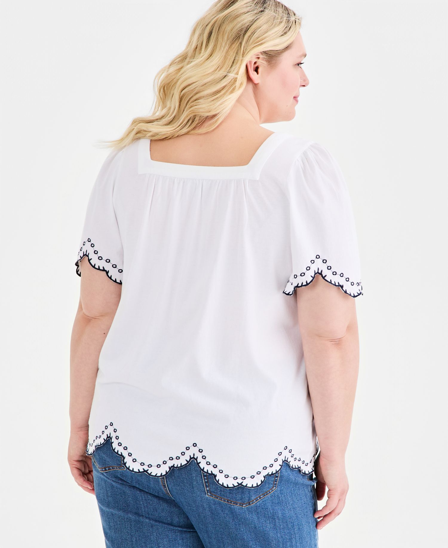 Plus Size Scallop Embroidered-Trim Square-Neck Top
