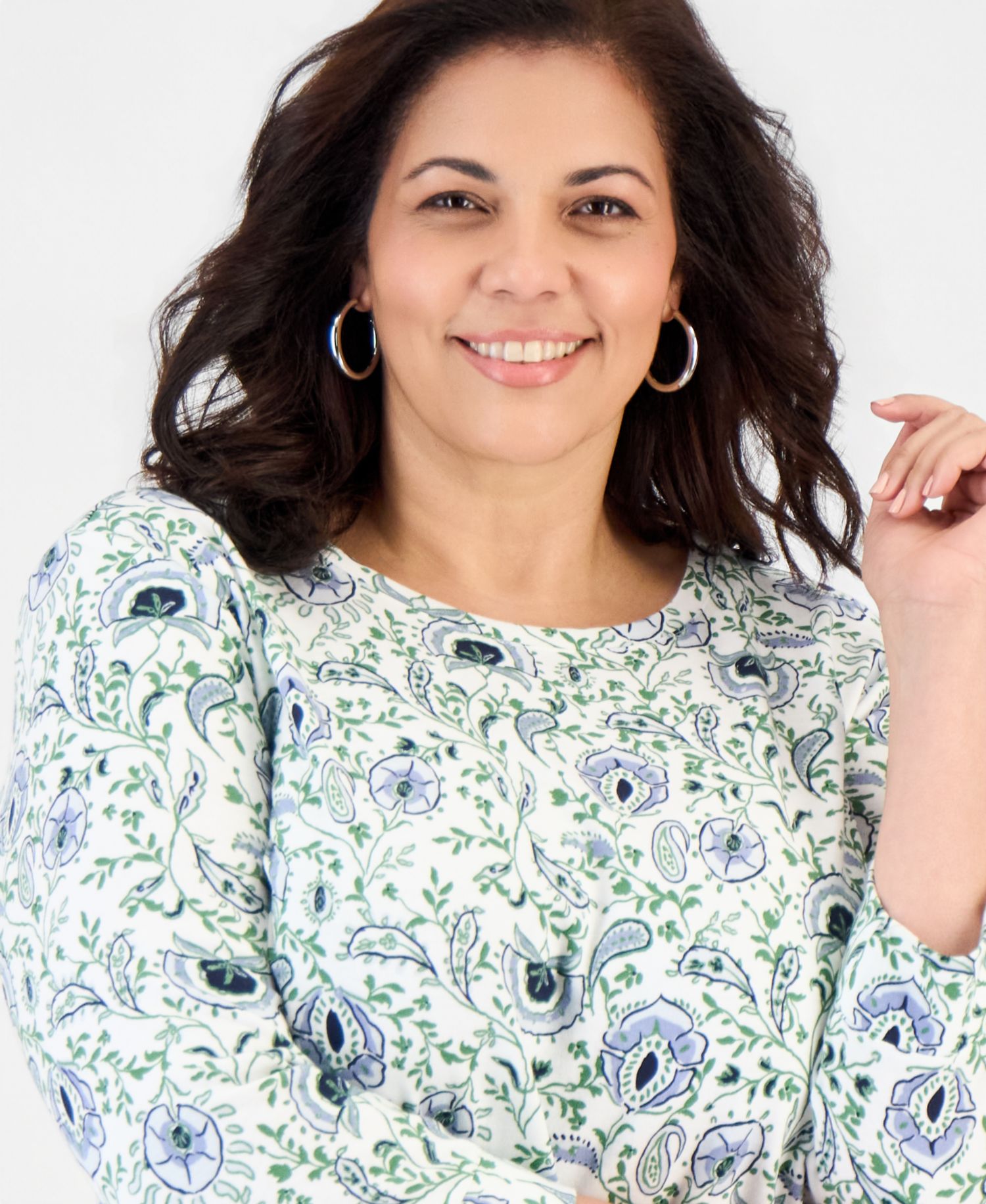 Plus Size Printed Button-Hem 3/4-Sleeve Tunic