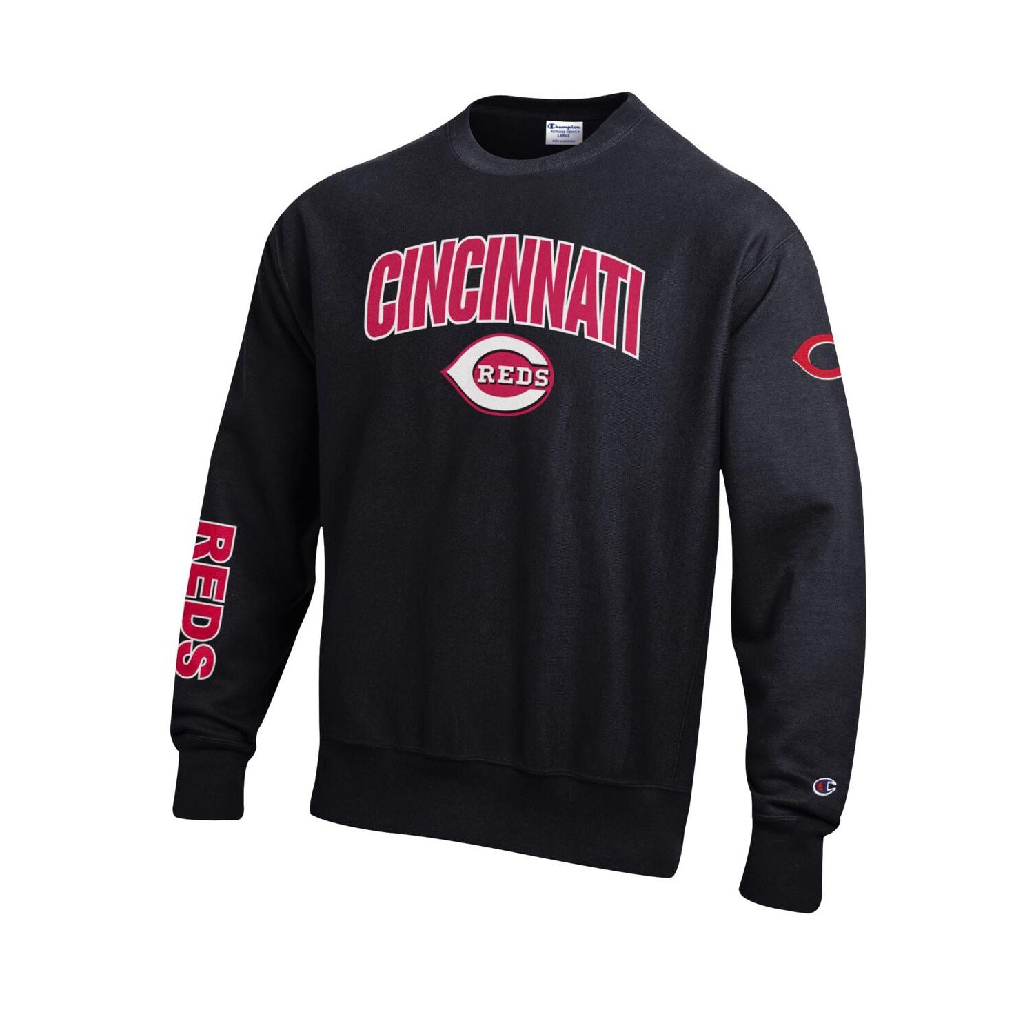 Men's Black Cincinnati Reds Reverse Weave Chenille Sweatshirt