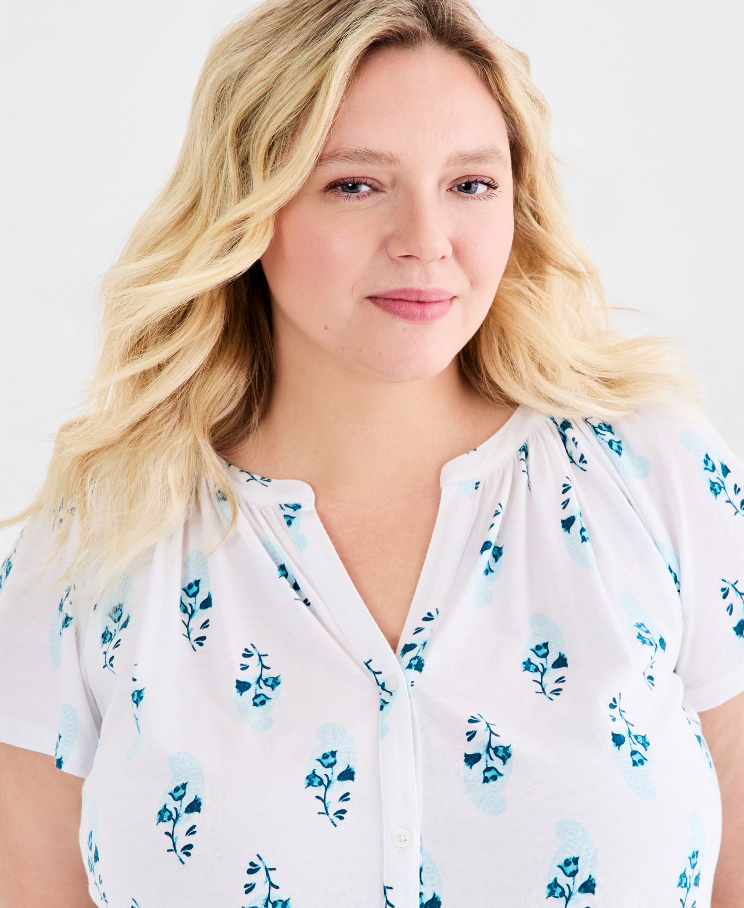 Plus Size Printed Button-Front Flutter-Sleeve Top