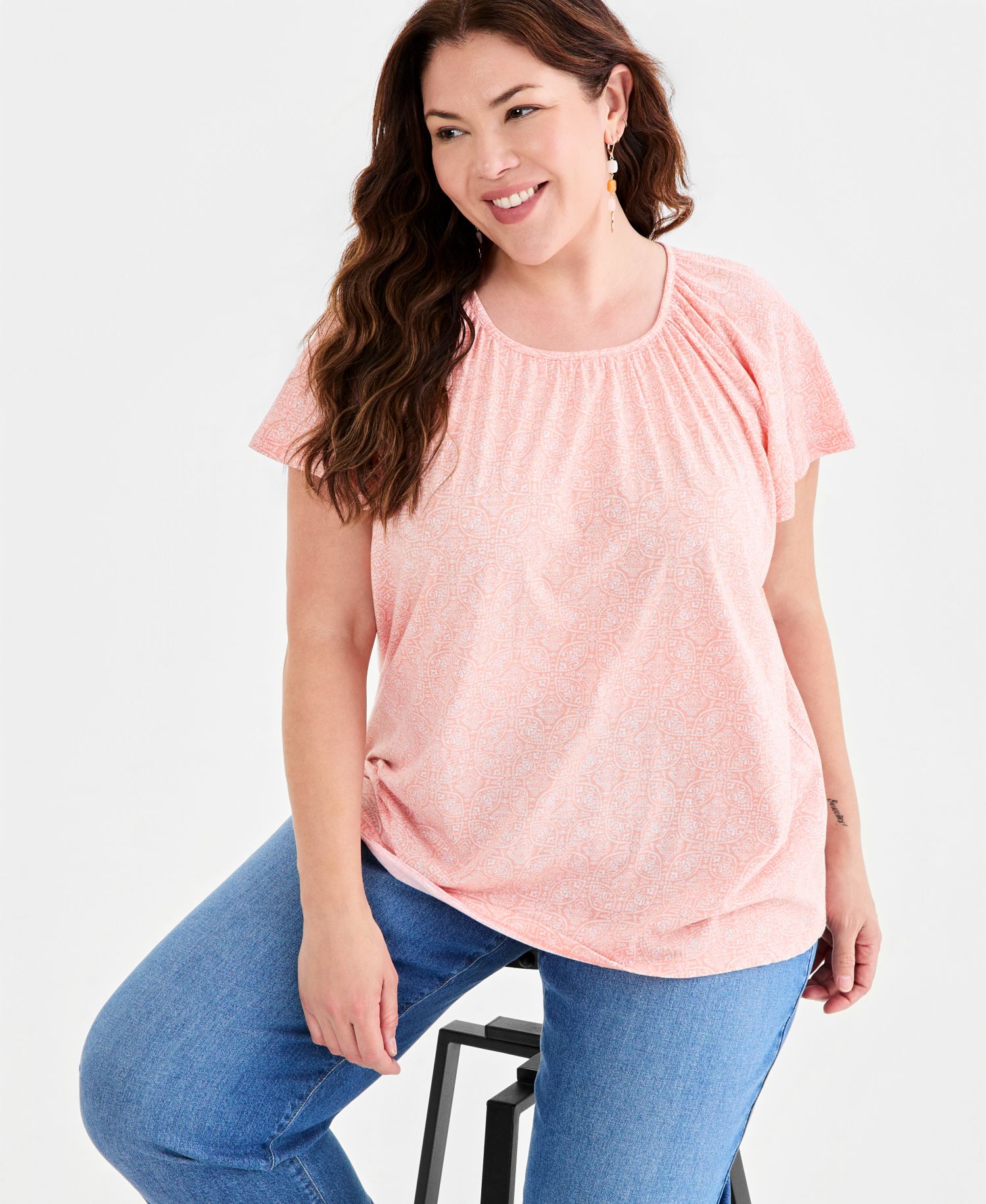 Plus Size Printed Scoop-Neck Flutter-Sleeve Top