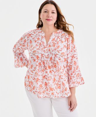 Plus Size Pintucked Bell-Sleeve Top