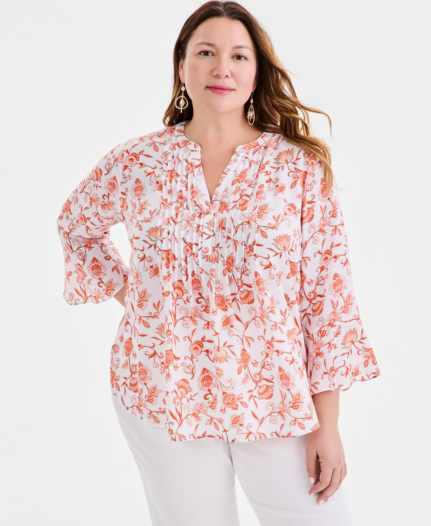 Plus Size Printed Pintuck Bell-Sleeve Top