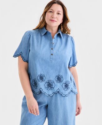 Plus Size Cotton Scalloped Eyelet Shirt