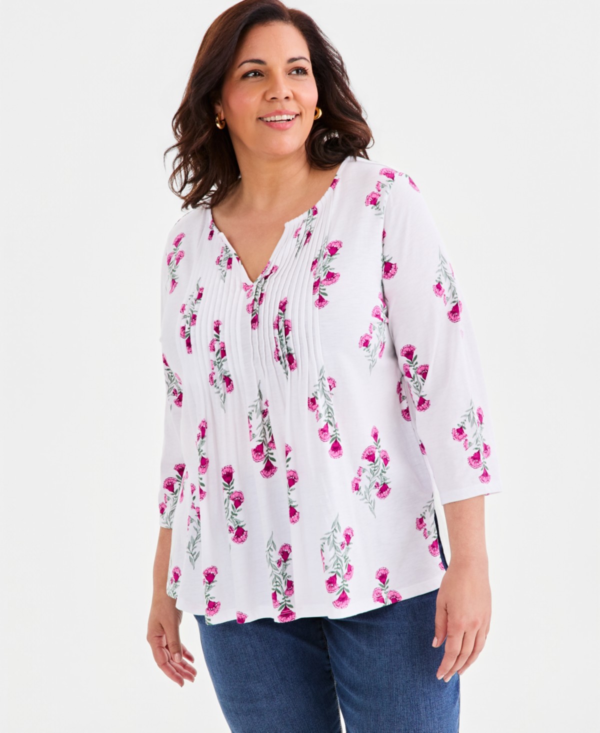 Женские Style & Co Plus Size Pintucked Split-Neck 3/4-Sleeve Top — фото 1