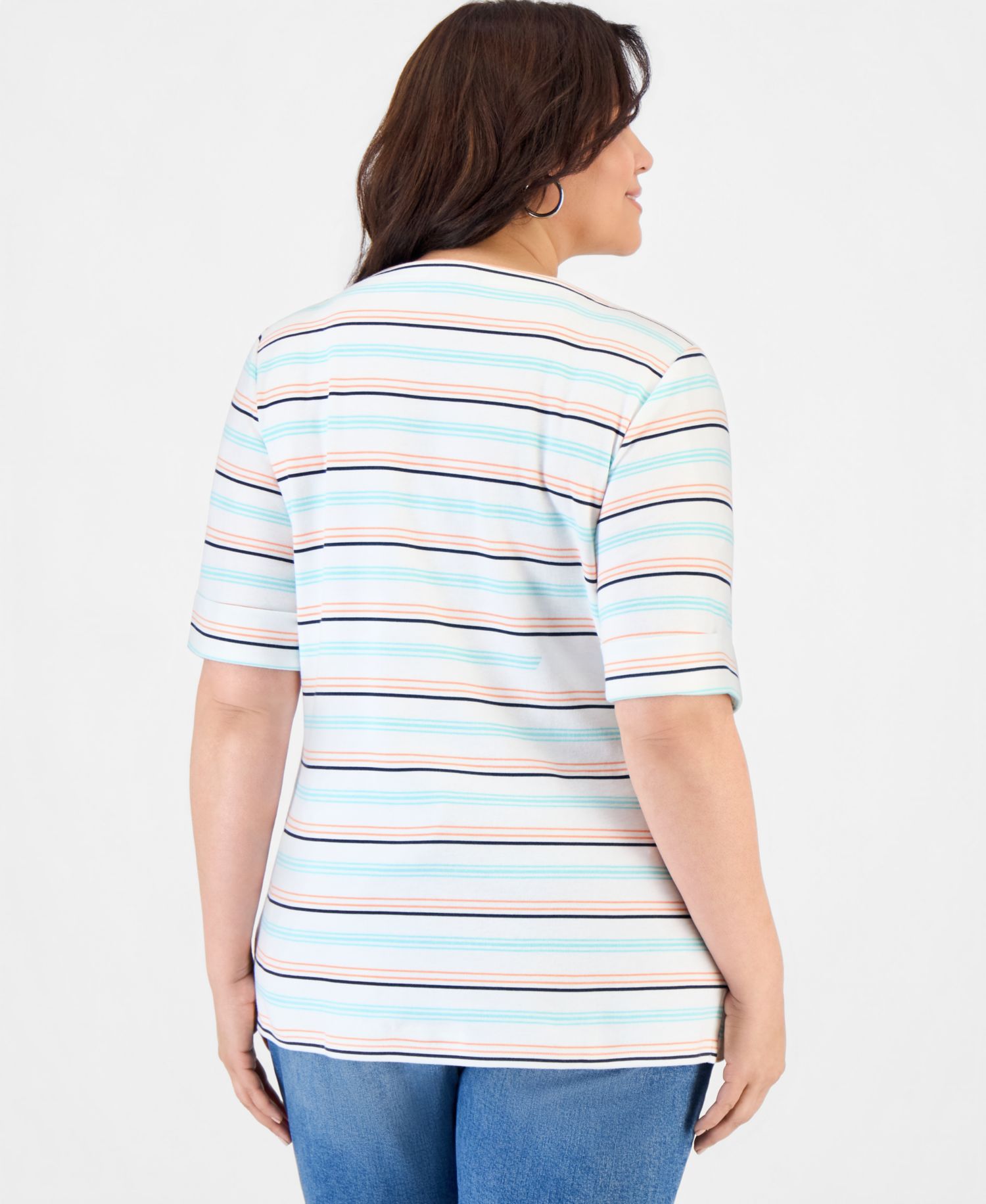 Petite Elbow-Sleeve Kelly Stripe Boat Neck Top