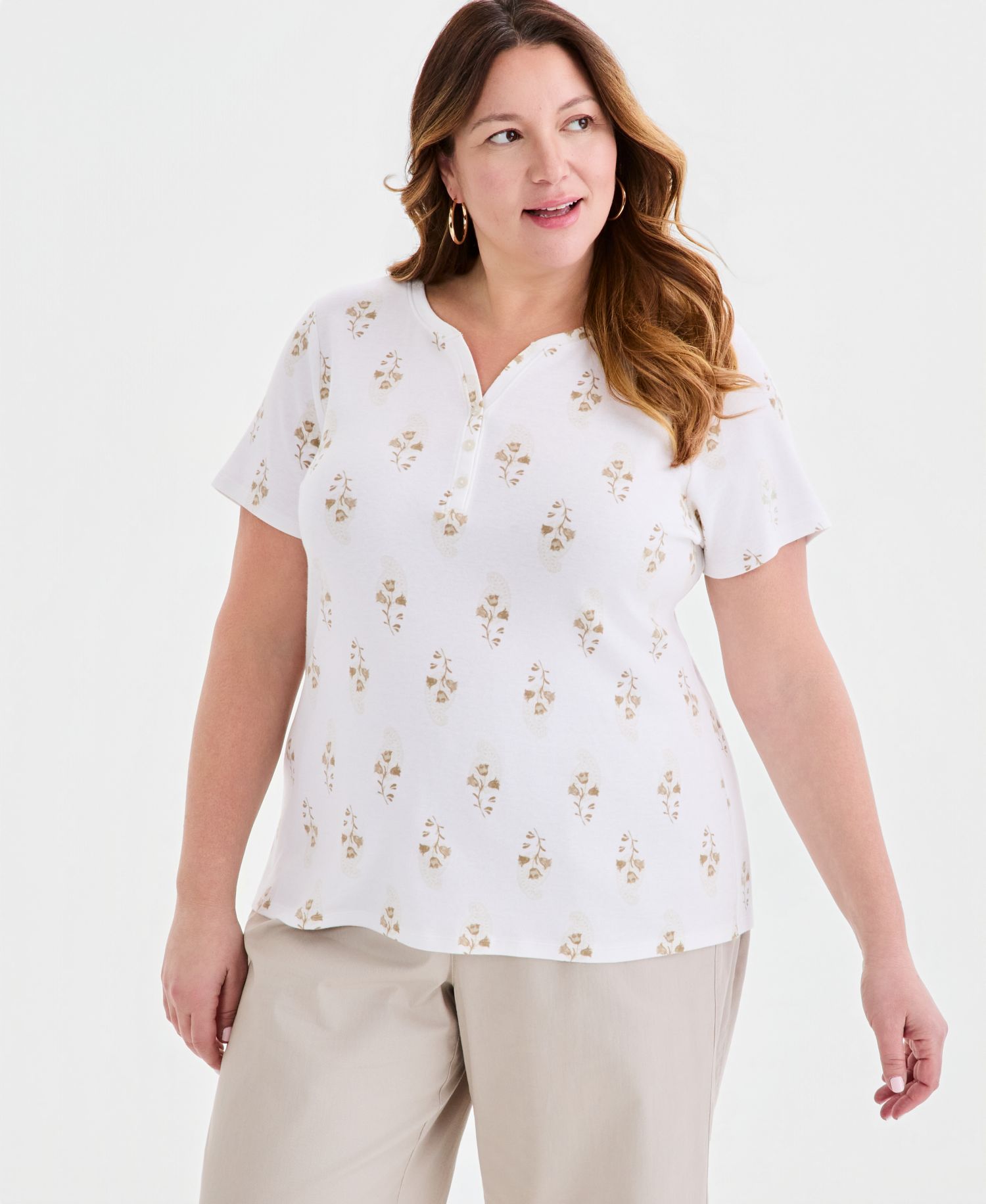 Petite Floral-Print Short-Sleeve Henley Knit Top