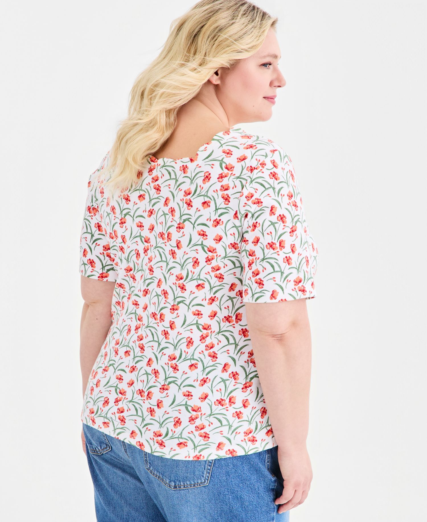 Plus Size Printed Scalloped Square-Neck Top