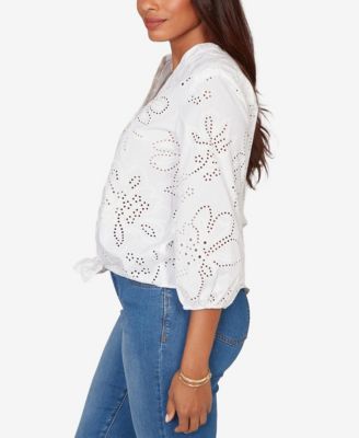 Petite Eyelet Puff Print Tie-Front Top