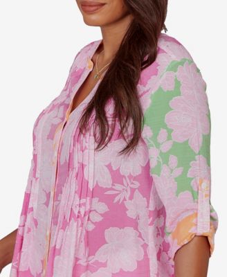 Petite Color-Block Floral Pintuck Gauze Top