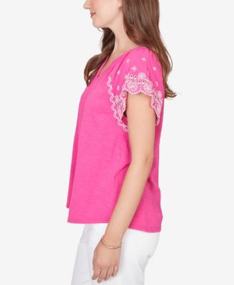 Petite Embroidered Sleeve Slub Knit T-Shirt