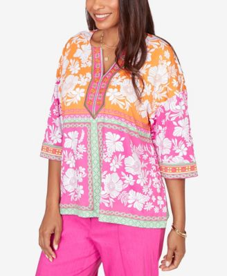 Petite Embroidered Placket Patchwork Knit Top