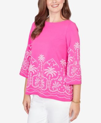 Petite Palm Tree Embroidered Knit Top