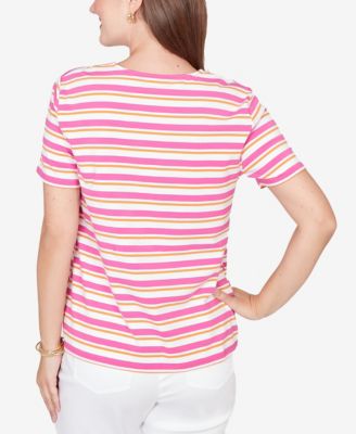 Petite Crochet Neck Stripe Knit T-Shirt