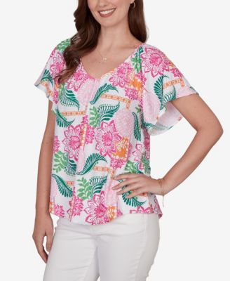 Petite Tropical Floral Eyelet Flutter Sleeve T-Shirt