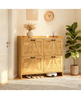 Modern Farmhouse Shoe Cabinet - 4 Flip Drawers and Adjustable Shelves, Entryway Organizer for Living Room, Hallway, Light Oak