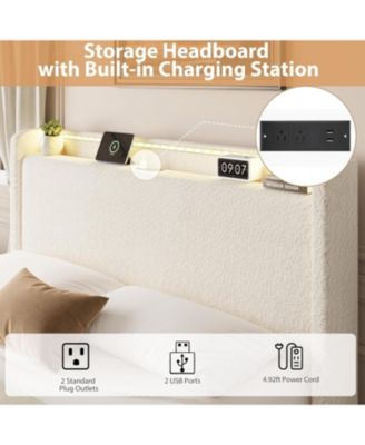 Full Bed Frame with Storage Headboard, Upholstered Bed Frame Full Size with Charging Station, LED Lights, 4 Storage Drawers